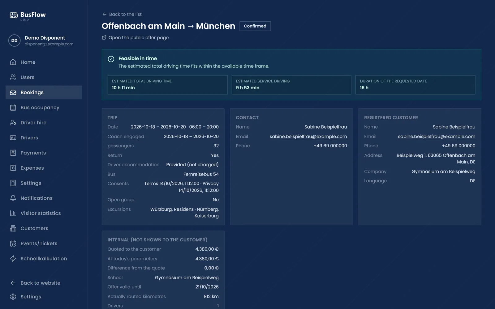 Booking detail with feasibility check
