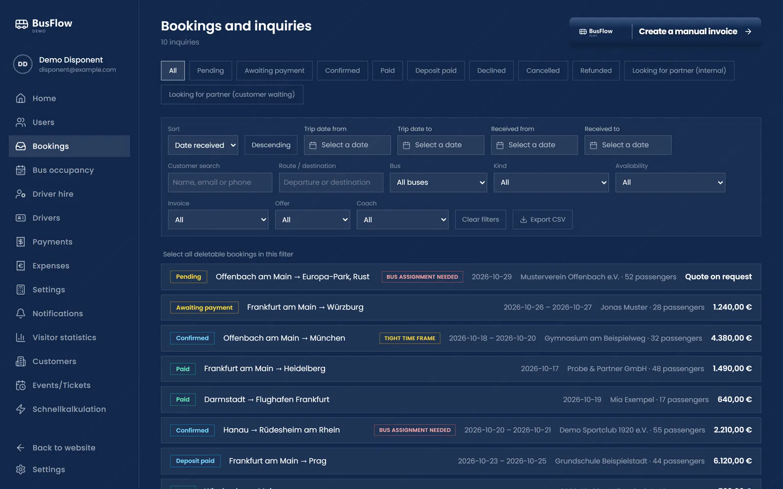 Admin bookings list