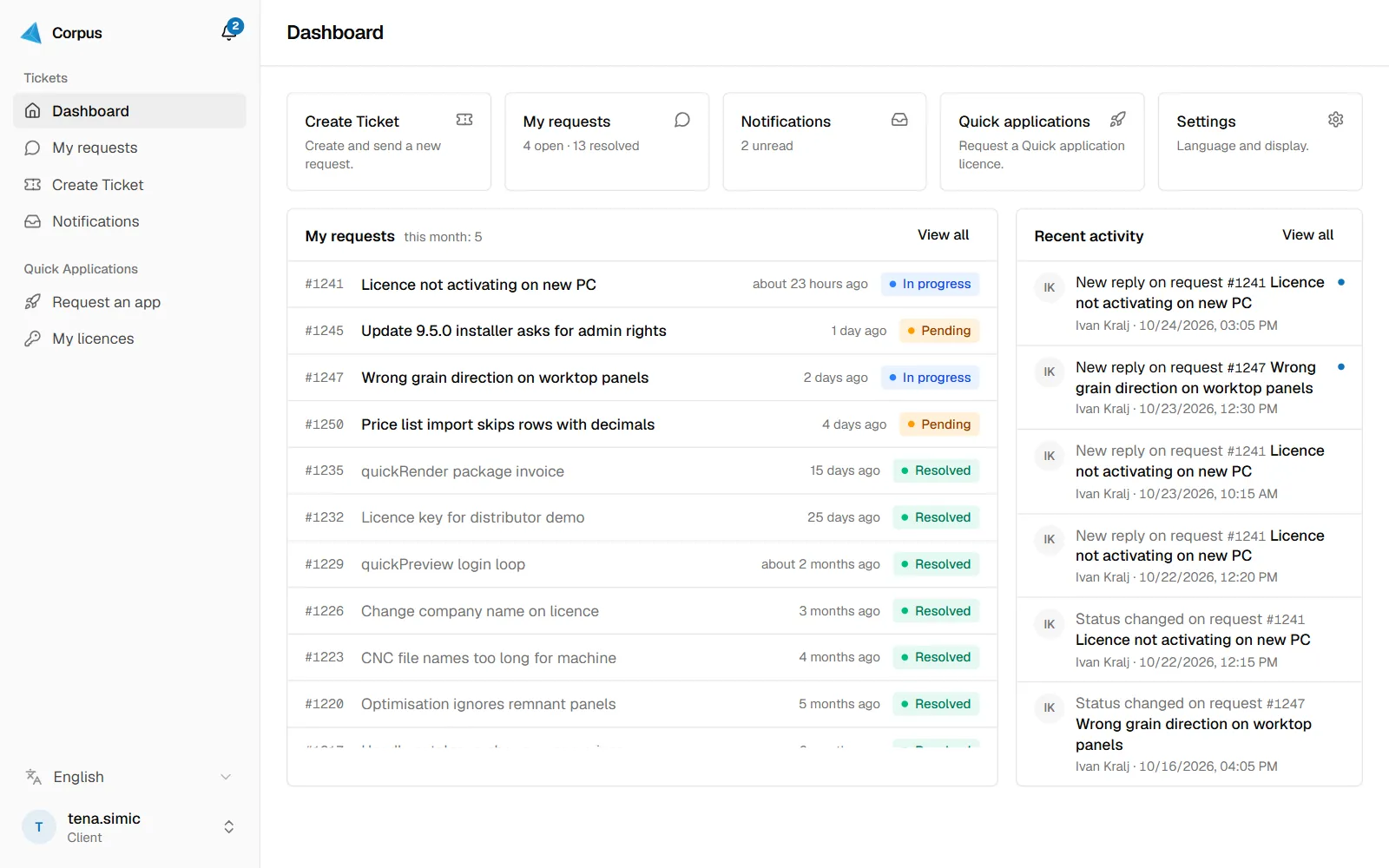 Customer dashboard with shortcut cards, requests and recent activity