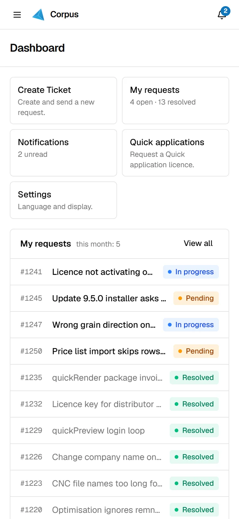 Customer dashboard on a phone with shortcut cards and requests