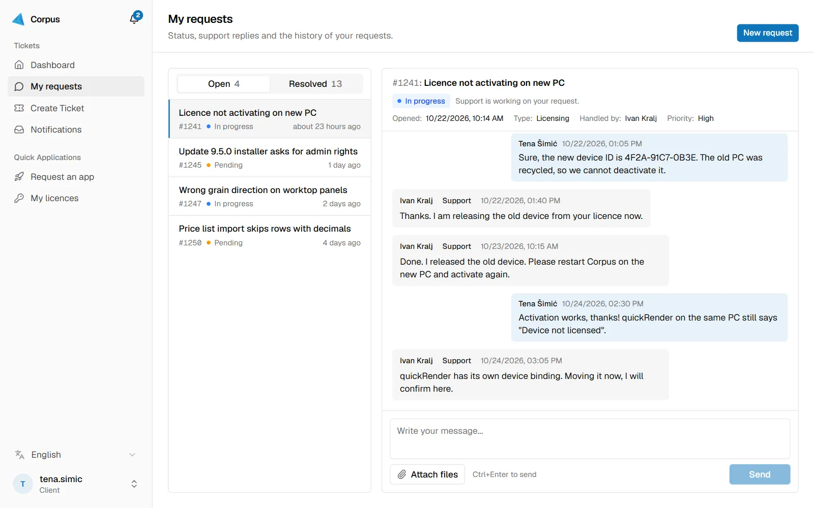 Customer request thread with support replies and status