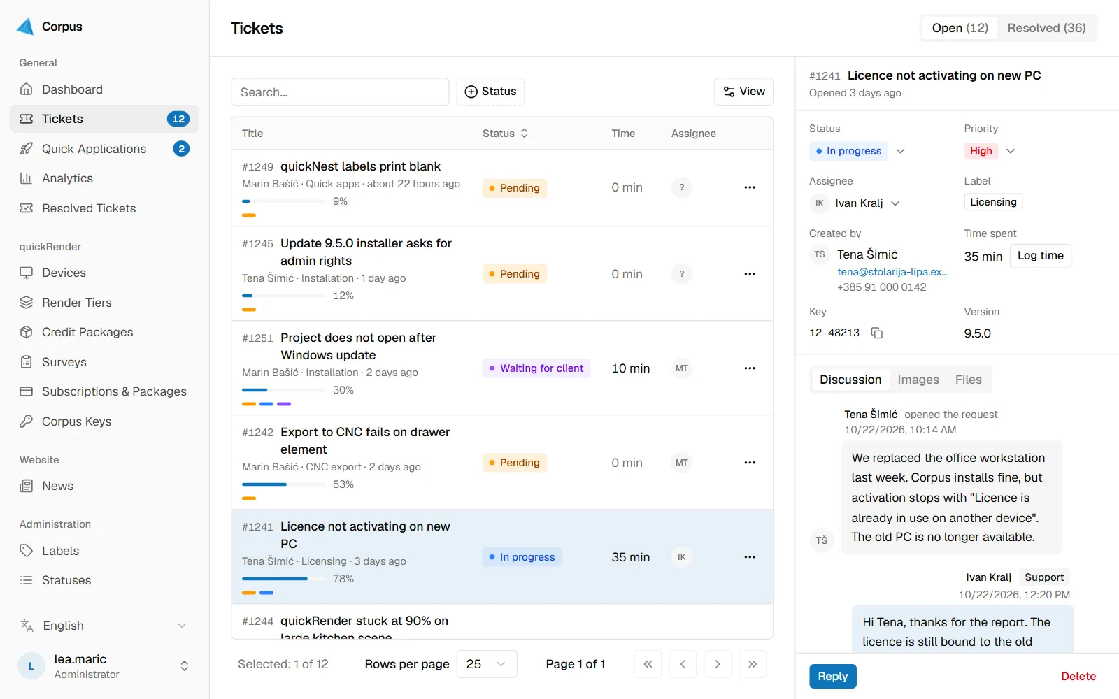 Support ticket queue with a selected ticket's details and discussion