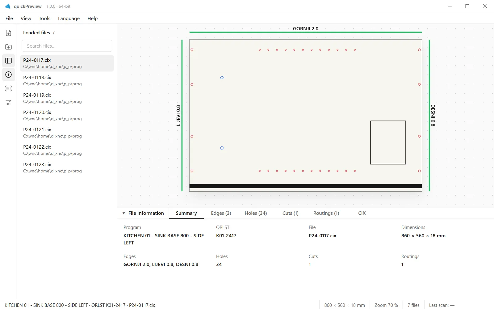 quickPreview main window showing a CNC side panel with holes