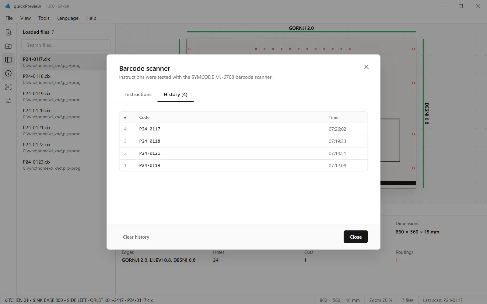 Scan history table with four scanned part codes and times