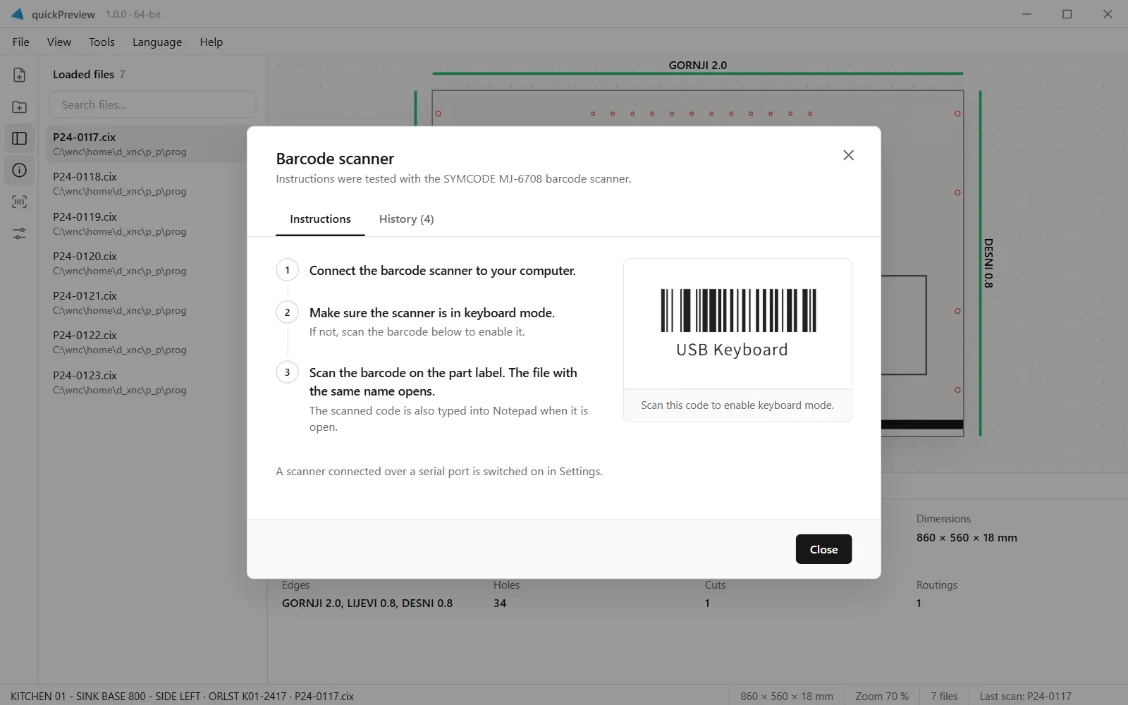 Barcode scanner dialog with three setup steps