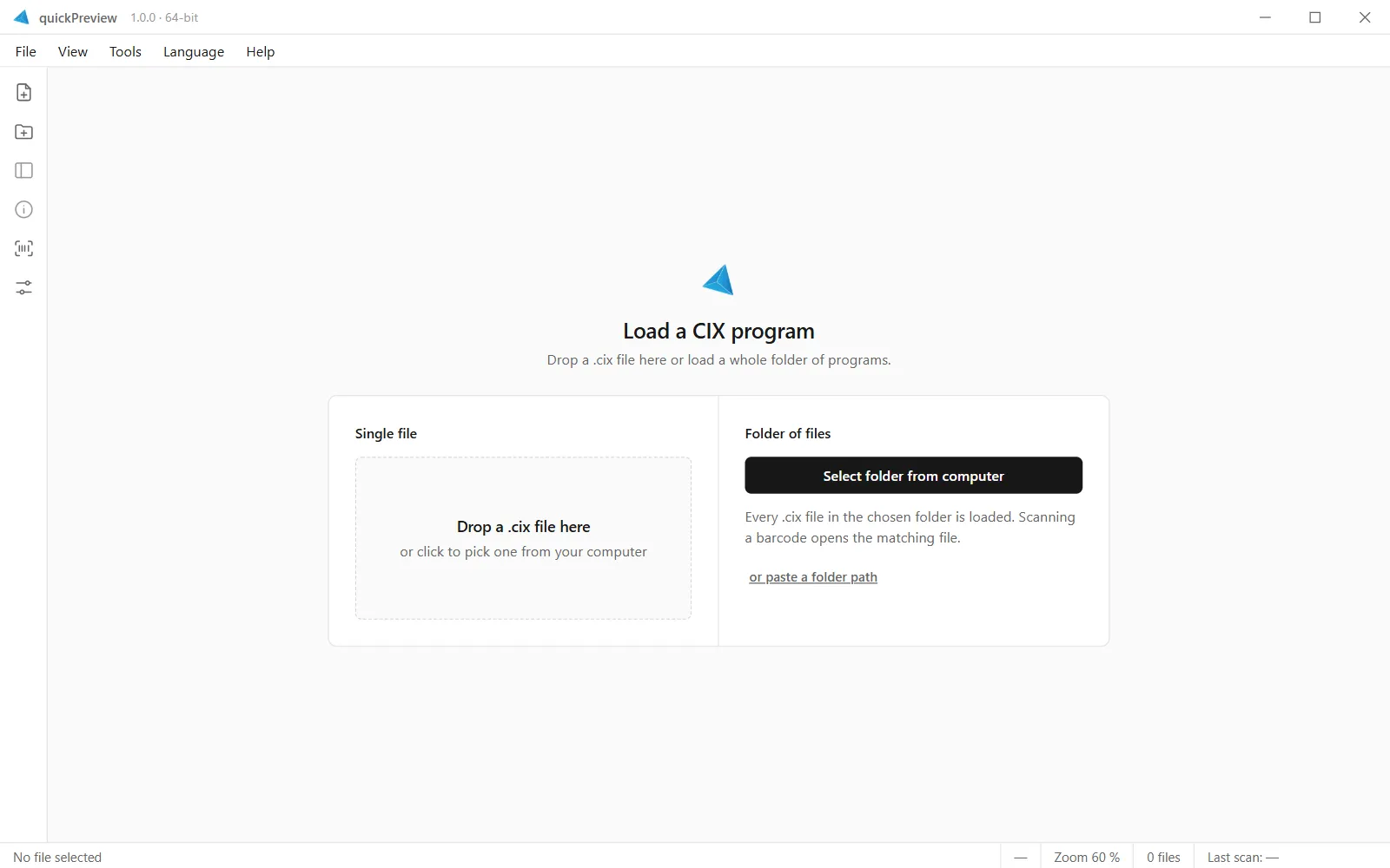 quickPreview start screen with file drop zone and folder option