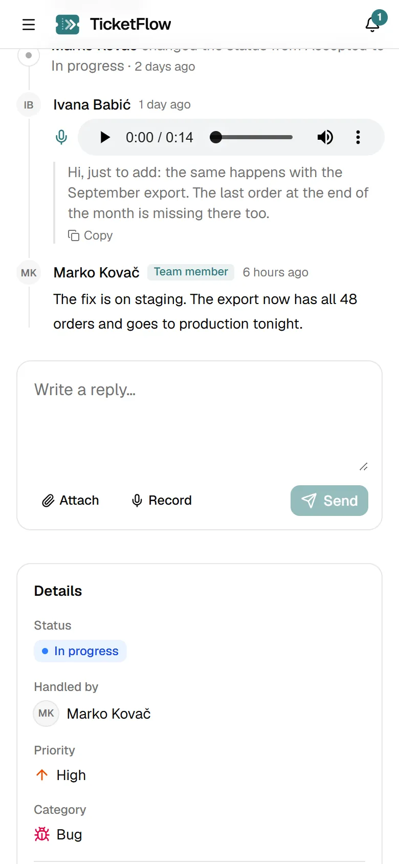 Client ticket with a voice message on a phone